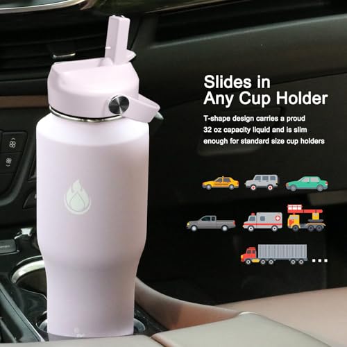 32oz Water Bottle Wide Mouth Stainless Steel Vacuum Insulated Double Wall with 2 Straw Lids Fit in Any Car Cup Holder