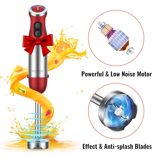 5-in-1 Hand Immersion Blender, 1000W 12 Speed Handheld Blender Stick with Copper Motor Stainless Steel Blade, 600ml Mixing Beaker,500ml Food Processor, Whisk, Milk Frother, Non-BPA, Red