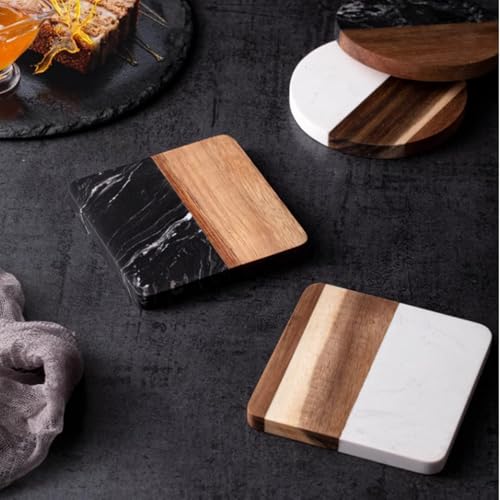 4 Piece Marble and Wood Coasters for Drinks (4 Count)