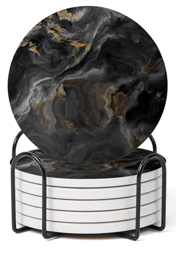 Set of 6 Abstract Black Marble Coasters with Holder (6 Count)
