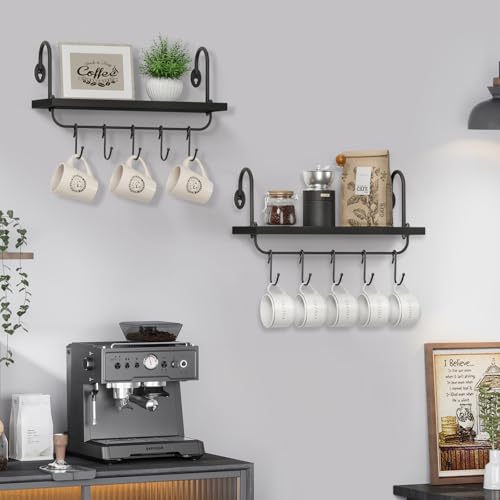 Floating Wall Shelves for Kitchen Bathroom Coffee Nook with 10 Adjustable Hooks for Mugs Cooking Utensils or Towel Rustic Storage Shelves Set of 2 (2 Count)