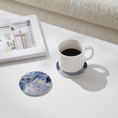 Set of 6 Navy Blue Marble Coasters with Holder (6 Count)