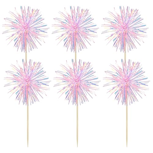 30Pcs Foil Firework Cupcake Toppers Sparkle Tinsel Cake Toppers Tinsel Drink Cake Decoration Cocktail Picks for Birthday Wedding Graduation Party Supplies Laser Pink (30 Count)