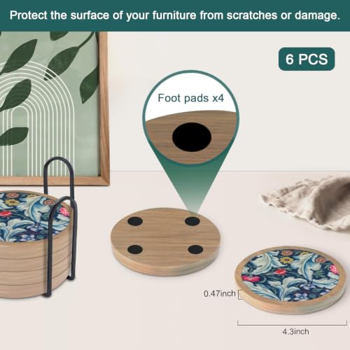 6 Pack Absorbent Coasters Set with Holder Wood Coasters for Drinks Housewarming Gifts for Home Decoration Cup Coasters for Coffee Tabletop Protection 4.3 Inch