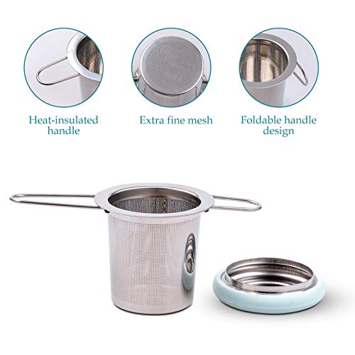Tea Infuser Stainless Steel Tea Strainer Folding Handle Tea Filter Extra Fine Mesh Strainer Brewing Basket with Lid for Loose Leaf Tea