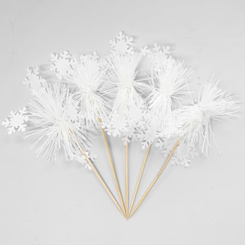 20Pcs Foil Firework Cupcake Toppers Sparkle Tinsel Cake Toppers Tinsel Drink Cake Decoration Cocktail Picks for Birthday Wedding Graduation Party Supplies White (20 Count)