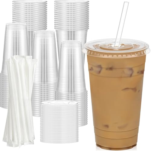 100 Pack 24 oz Clear Plastic Cups with Lids and Straws (100 Count)