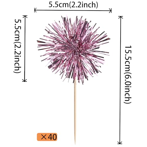 40 PCS Foil Firework Cupcake Toppers Sparkle Tinsel Cupcakae Picks Sparkler Fireworks Party Decorations Cocktail Fruit Toothpick for Birthday Wedding Graduation Party Decorations Supplies Pink (40 Count)