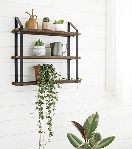 Floating Wall Shelves 3 Tier 17 Inch Rustic Hanging Shelf with Metal Bracket Wall Mount Wood Storage Display Shelves for Living Room Bathroom Bedroom Kitchen Office