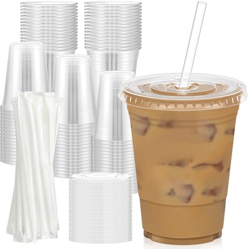 100 Pack 16 oz Clear Plastic Cups with Lids and Straws (100 Count)