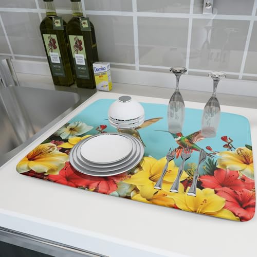 Hummingbirds Floral Dish Drying Mat for Kitchen Counter 18x24 In Hibiscus Tropical Drying Mat Farmhouse Fast Dry Absorbent Microfiber Dish Drainer Rack Pad Mat for Countertop Decor