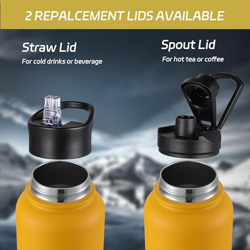32 oz Insulated Water Bottle Stainless Steel Double Walled Vacuum Sports Water Bottle with 2 Lids