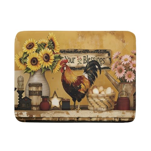 Farmhouse Rooster Dish Drying Mat Vintage Chicken Sunflowers Dish Drainer Mats 18"x24" Rustic Primitive Microfiber Reversible Dish Drying Rack Pad Protector for Kitchen Countertop Decor