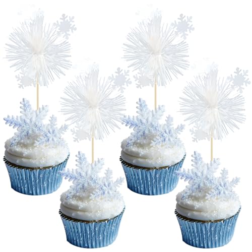 20Pcs Foil Firework Cupcake Toppers Sparkle Tinsel Cake Toppers Tinsel Drink Cake Decoration Cocktail Picks for Birthday Wedding Graduation Party Supplies White (20 Count)