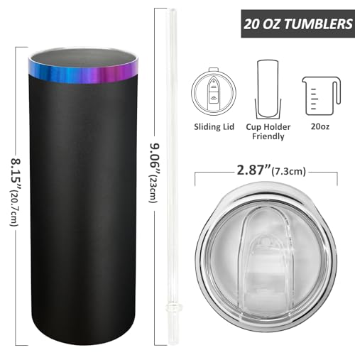 20 oz Skinny Tumblers Bulk with Lids and Straws Black (4 Count)