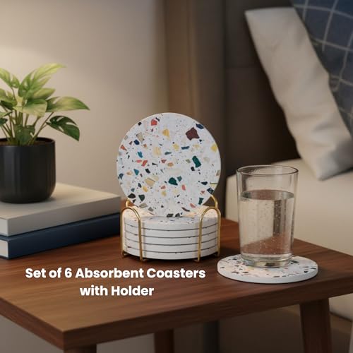 Absorbent Terrazzo Drink Coasters Set of 6 with Holder (6 Count)