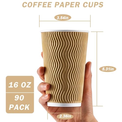 90 Pack 16 oz Disposable Paper Coffee Cups Insulated Champagne (90 Count)