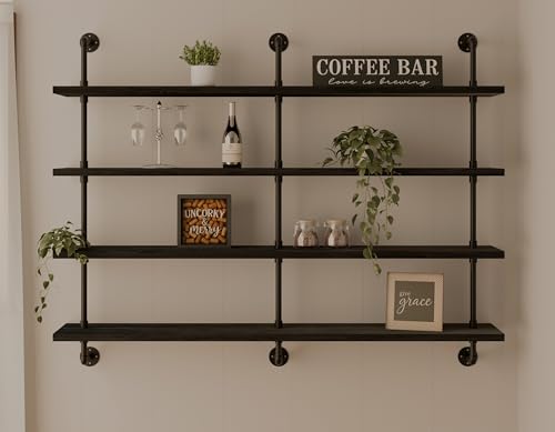 Floating Shelves for Wall Bookshelf Industrial Pipe Shelving Shelves 60 Inch Natural Wood Planks Rustic Wall Shelves Hanging Bookshelves Farmhouse Kitchen Shelving Black