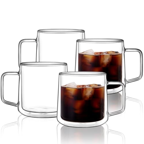 15oz(4-pack) Double Walled Glass Coffee Mugs,Large Insulated Glass Mugs with Handle,Clear Coffee Cups for Espresso,Latte,Cappuccino,Tea (4 Count)