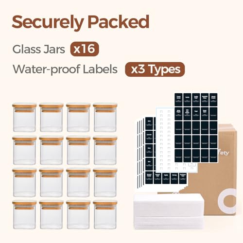 Square Glass Spice Jars with Labels 4 oz 16 Pack with Bamboo Lids (16 Count)