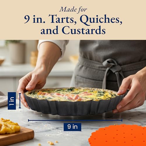 All-in-One Fluted Tart Pan 9 Inch Removable Bottom Set with Patented Silicone Crust Shaper & Pie Weight | Nonstick Carbon Steel Quiche Baking Dish & Tart Molds for Baking - PFOA & PTFE-Free