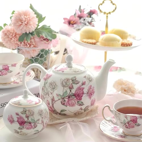 Fine Bone China Elizabeth Rose Teapot and Set of 2 Teacups & Saucers
