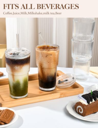 20 oz with Lids and Straws Ribbed Glass Cup Set of 4 (4 Count)