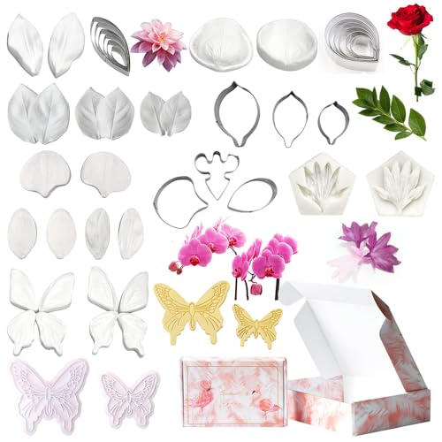 Silicone Veiner Stainless Steel Fondant Cutter Set for Gum Paste Flower Leaf Sugar Craft Tools Cake Decorating Supplies Silicone Veining Molds Moulds for Wedding with Christmas Box