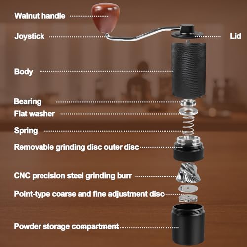 Manual Coffee Grinder Gift Box Detachable Stainless Steel Conical Burr Aluminum Coffee Bean Grinder with 25 Grinding Settings Cleaning Brush Grindable Espresso Moka Pot for Camping Black