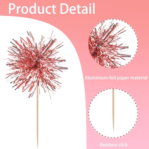 40 PCS Foil Firework Cupcake Toppers Rose Gold Sparkler Cupcake Picks Sparkle Tinsel Fireworks Decorations Cocktail Fruit Toothpick for Firework Theme Birthday Wedding Graduation Party Decor Supplies (40 Count)