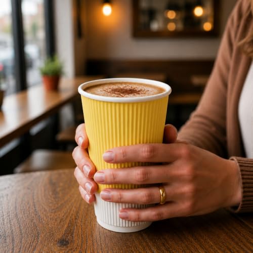Ripple Wall Coffee Cups 25 Count 16 Ounce Insulated Light Yellow Paper Cups