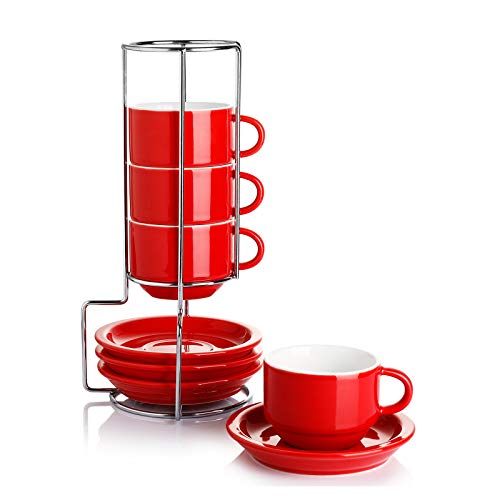 2.5 Ounce Porcelain Stackable Espresso Cups with Saucers and Metal Stand Set of 4