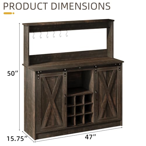 47" Coffee Bar Cabinet with Storage Hutch & Wine Rack
