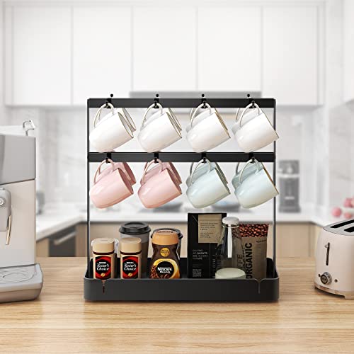 2 Tier Coffee Cup Holder with 16 Movable Hooks & Storage Basket