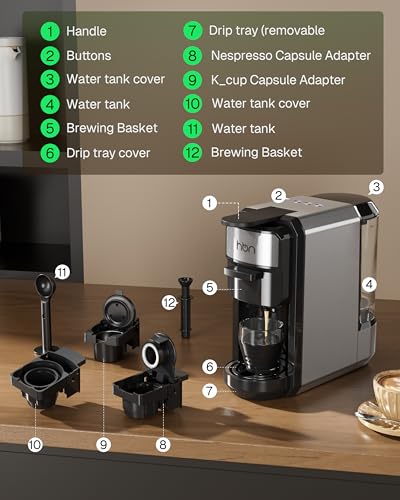 3-in-1 for Nespresso Capsule & K-Cup Pods & Ground Coffee Multi Coffee Maker Single Serve, 19Bar Programmable One-Touch Brewing Espresso Machine, 20oz Removable Water Tank, 1450W Fast Heat (20 Ounce)