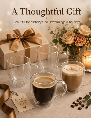 12oz Double Walled Glass Coffee Mugs with Handles (4 Count)