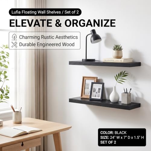 Set of 2 Black MDF Floating Wall Shelves with Hidden Brackets (2 Count)