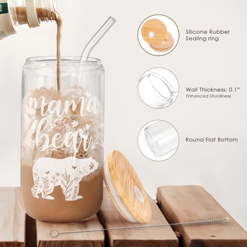 Mom Gifts Mama Bear 16 Oz Can Glass Tumbler with Bamboo Lid and Straw