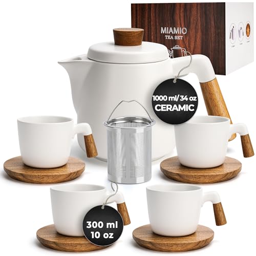 34 Oz Ceramic Tea Pot Set with Infuser and Cups