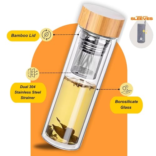 15oz Double Wall Glass Water Bottle with Bamboo Lid and Tea Infuser
