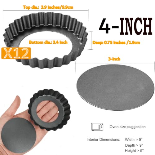12Packs Mini Tart Pans 4 Inch Tart Pan Removable Bottom Round Nonstick Quiche Pan (12 Count)