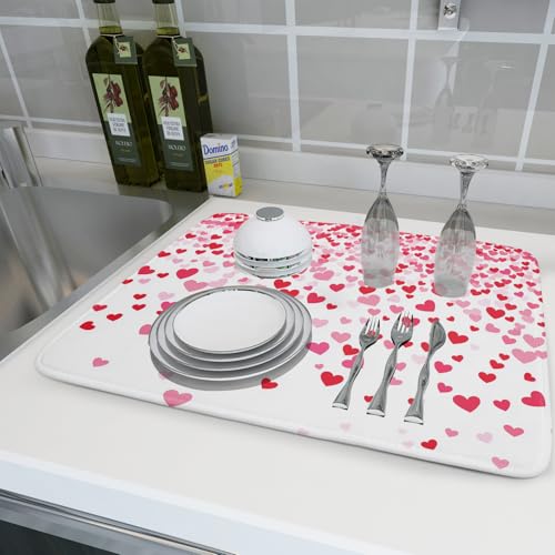 Valentine's Day Dish Drying Mat for Kitchen Counter Love Heart Kitchen Dish Drying Pad 18”x24” Absorbent Reversible Happy Valentine Dishes Drainer Pad Dish Drying Rack Mat for Countertop