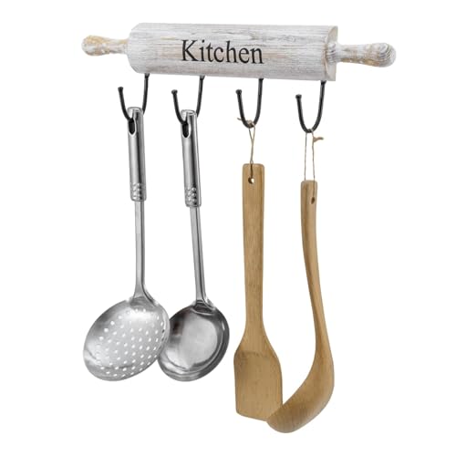 White Washed Wood Kitchen Utensil Rack with 4 Hooks