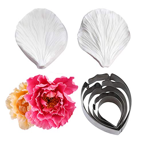 5pcs Stainless Steel Peony Cutter 2pcs Fondant Silicone Mold Gumpaste Peony Sugarcraft Flower Veining Mold Veiner Petal Making Tool