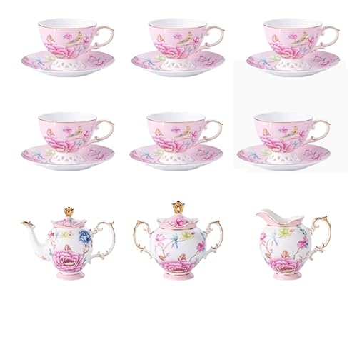 Pink Floral Porcelain Tea Set with 6 Cups and Saucers