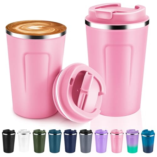 12 oz Double Wall Insulated Vacuum Travel Coffee Mugs with Flip Lid Bulk 2 Pack (2 Count)