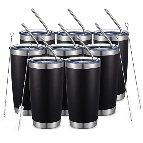 20oz 8Pack Black Tumbler Double Wall Vacuum Insulated Coffee Travel Mug Stainless Steel Tumbler with Lid and Straw Coffee Cup for Cold Drinks & Hot Beverage (10 Count)