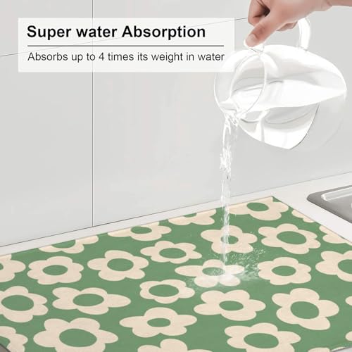 Floral Kitchen Dish Drying Mat for Dishes 18x24 Inch Vintage Groovy Flowers Drying Mat White Daisy Dish Drainer Mat Super Absorbent Dish Rack Pad for Coffee Bar Sinks