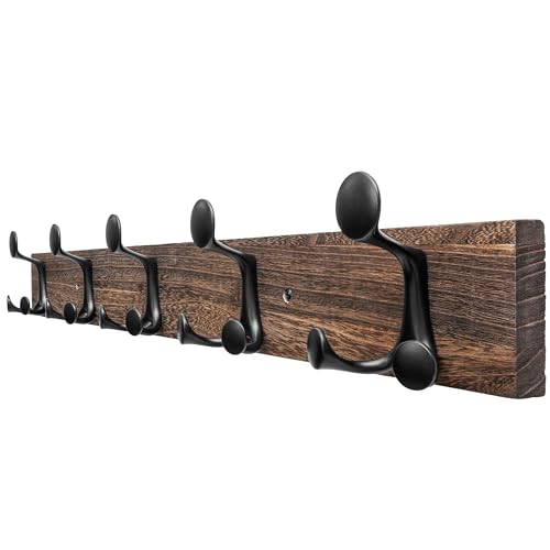 30 Inch Wood Burnt Coat Rack Wall Mount with 5 Triple Hooks