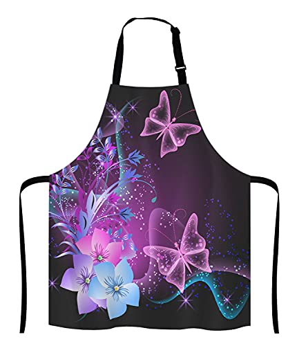 Purple Apron Pink Purple Butterfly and Flowers Adjustable Bib Apron Kitchen Cooking Baking Gardening Apron for Women Men